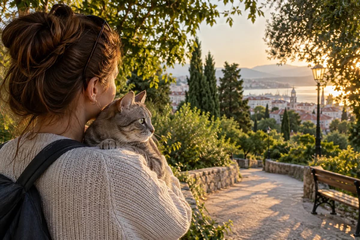 Ilustrativna fotografija ženske in mačke v parku