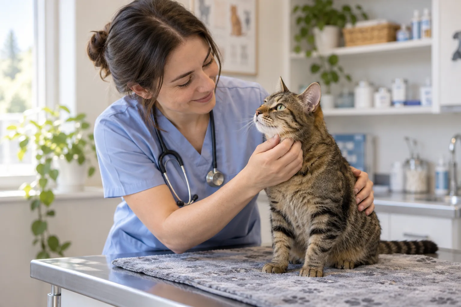 Veterinarka nježno pregledava mačku